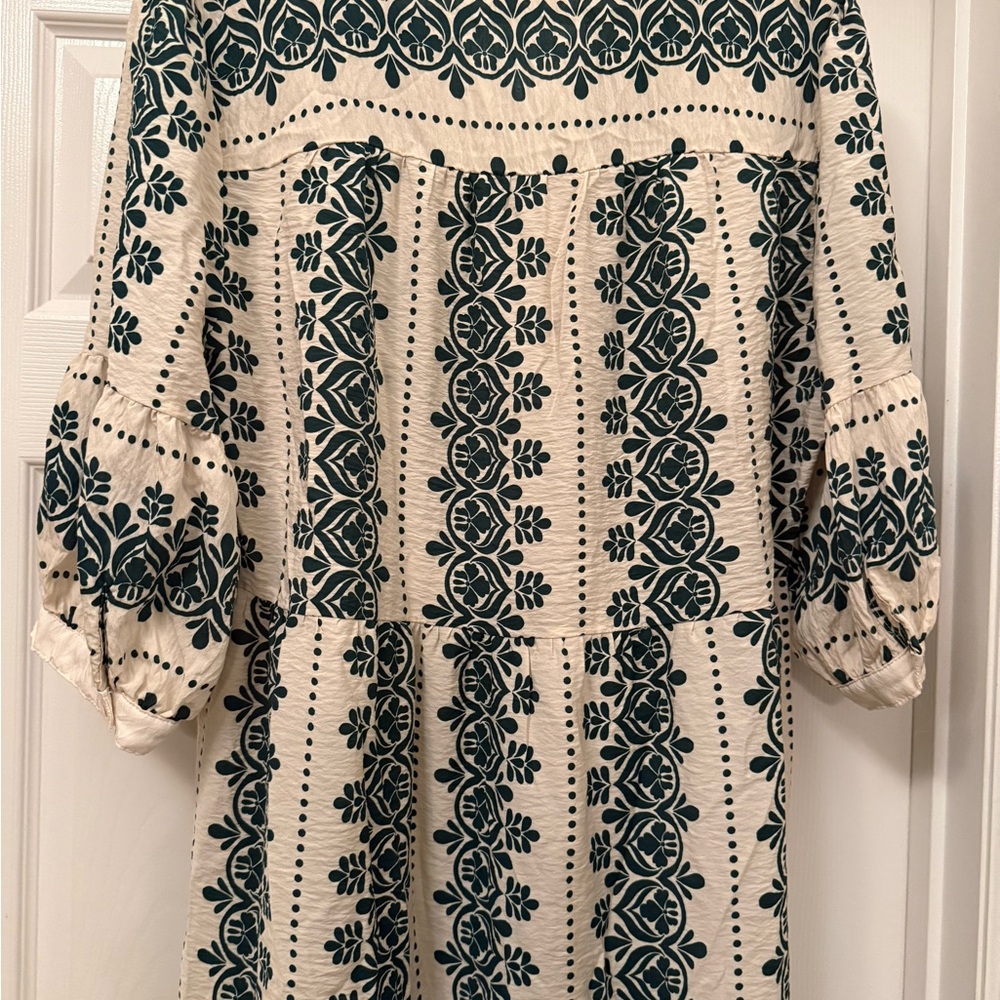 Fig and Flower Cream Dress with Green Floral Patterns Boho Size Large - Picture 7 of 7